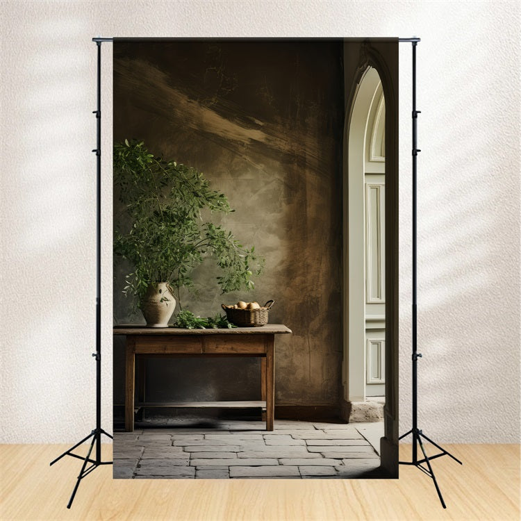 Backdrops Vintage Pottery Greenery Wooden Table Backdrop BRP11-560
