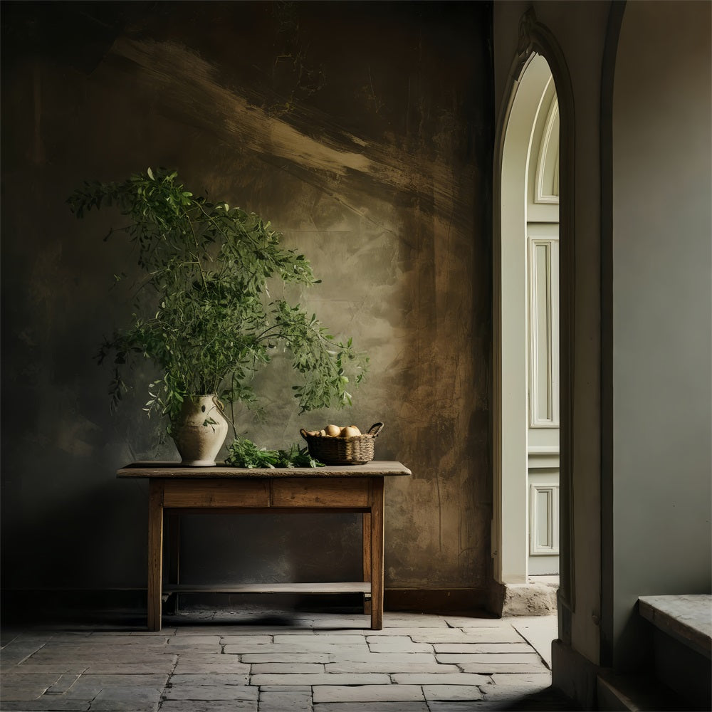 Backdrops Vintage Pottery Greenery Wooden Table Backdrop BRP11-560