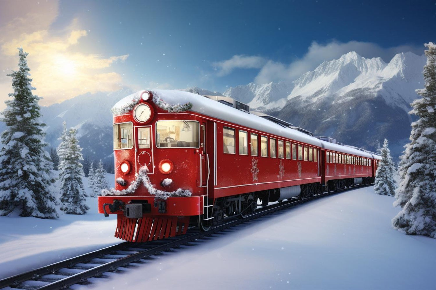 Red Train Backdrop Winter Scene Backdrops Red Train Snow-Capped Mountains Backdrop BRP11-