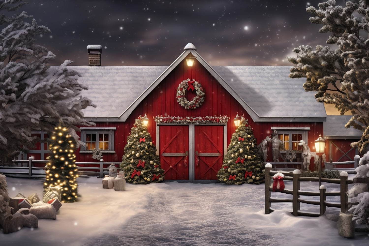 Winter Backdrop Photography Barn Christmas Trees Snow Backdrop BRP11-6