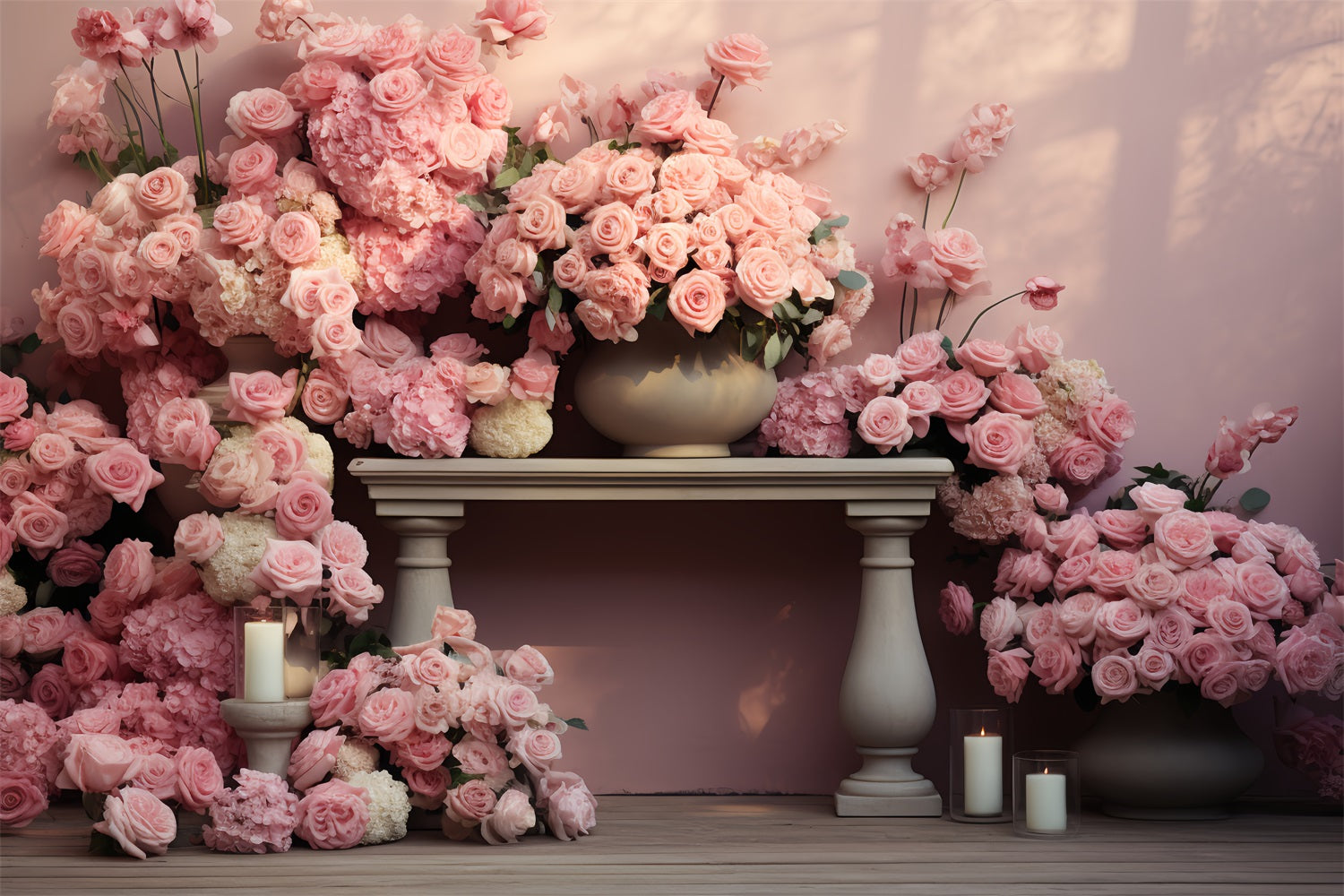 Pink Roses Theme Backdrop Valentine Pink Roses Candlelit Table Backdrop BRP12-182 ...