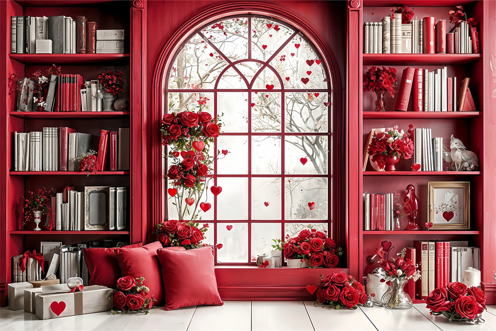 Valentine Photography Backdrop Red Themed Library Window Roses Backdro