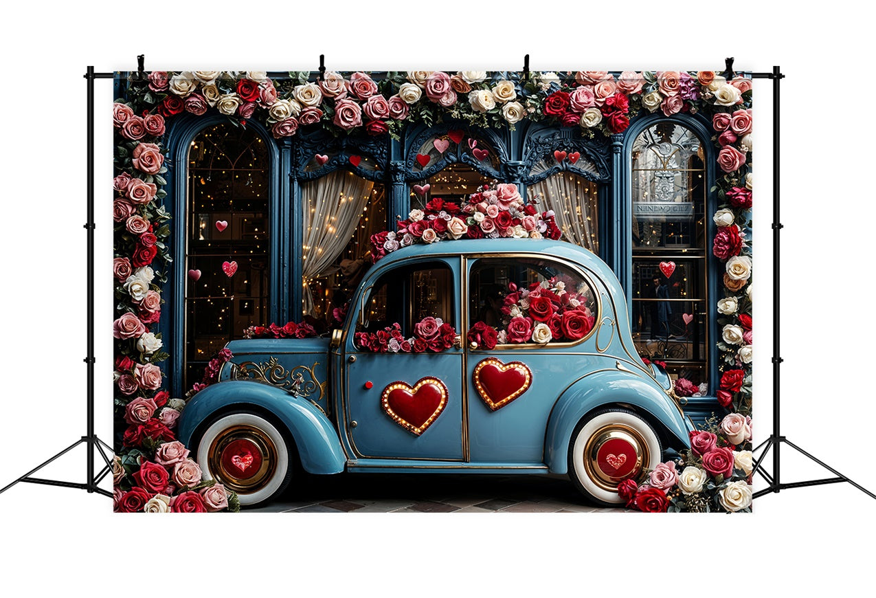 Photo Backdrops Auto Frame Valentine Day Backdrop Love-Themed Blue Car Floral Backdrop BRP12-259 ...