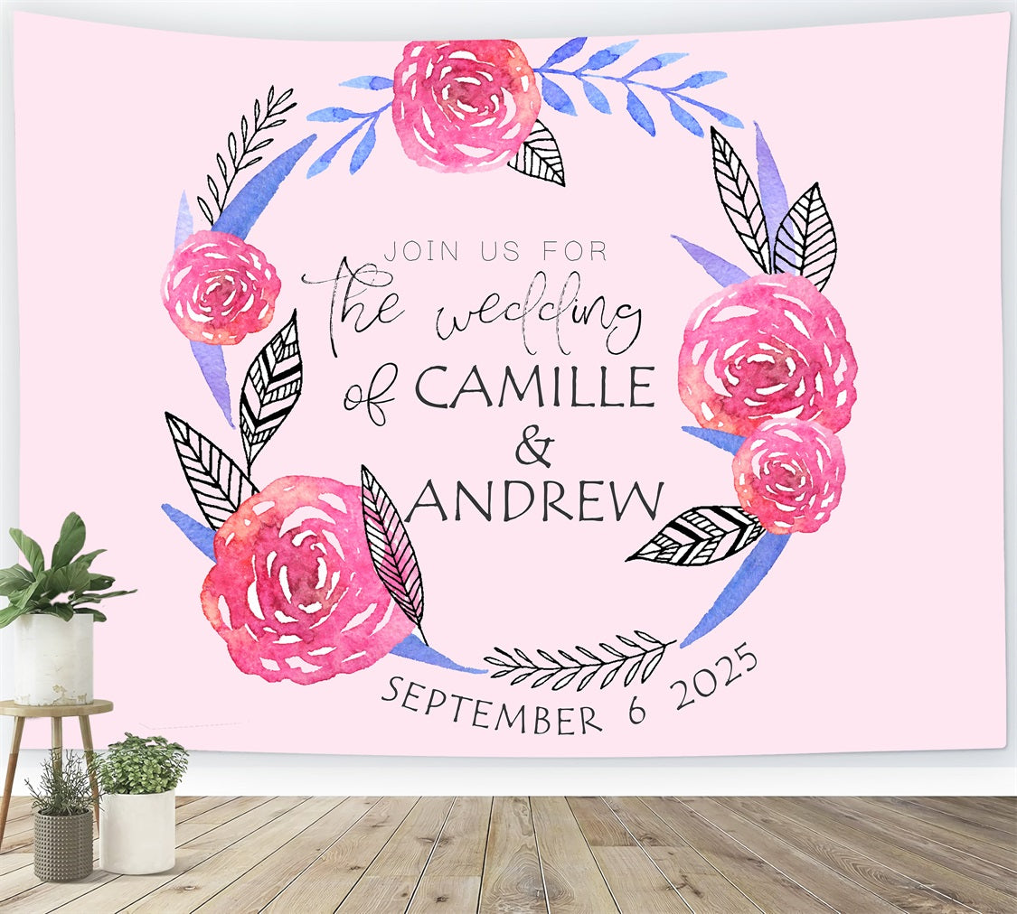 Customized Wedding Backdrop Pastel Pink Roses Watercolor Backdrop BRP12-374