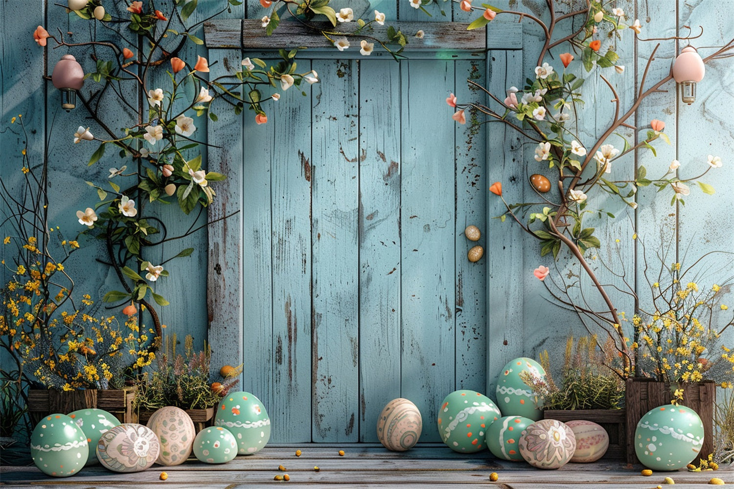 Backdrop Easter Blue Rustic Door Egg Decor Backdrop BRP12-400