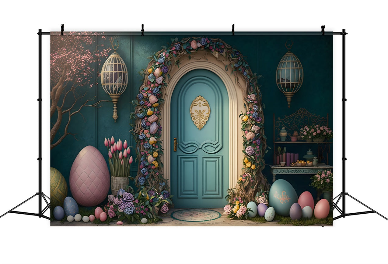 Easter Backdrops Elegant Floral Door Pastel Eggs Backdrop BRP12-403