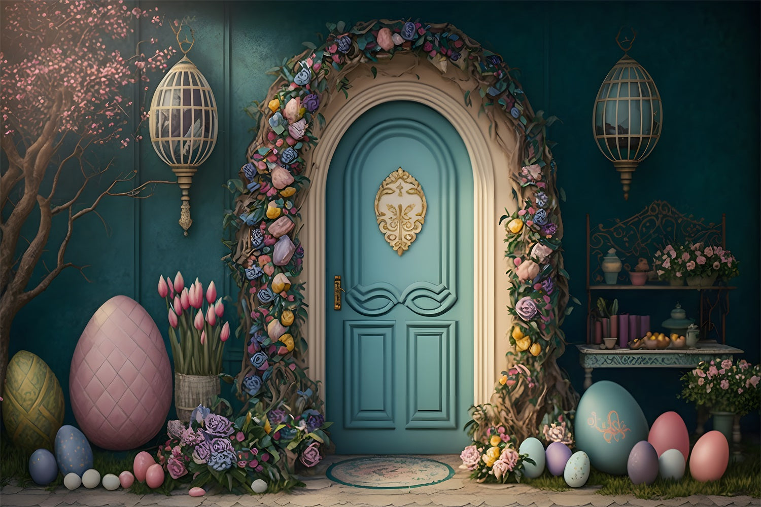 Easter Backdrops Elegant Floral Door Pastel Eggs Backdrop BRP12-403