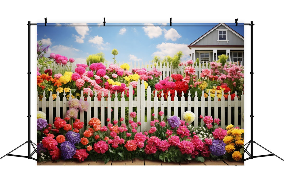 Spring Photography Backdrop Bright Blossoms White Fence Backdrop BRP12