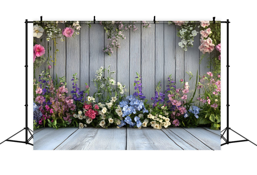 Next Spring Wall Spring Backdrop Photography Blue Wooden Wall Blooms Backdrop BRP12-497