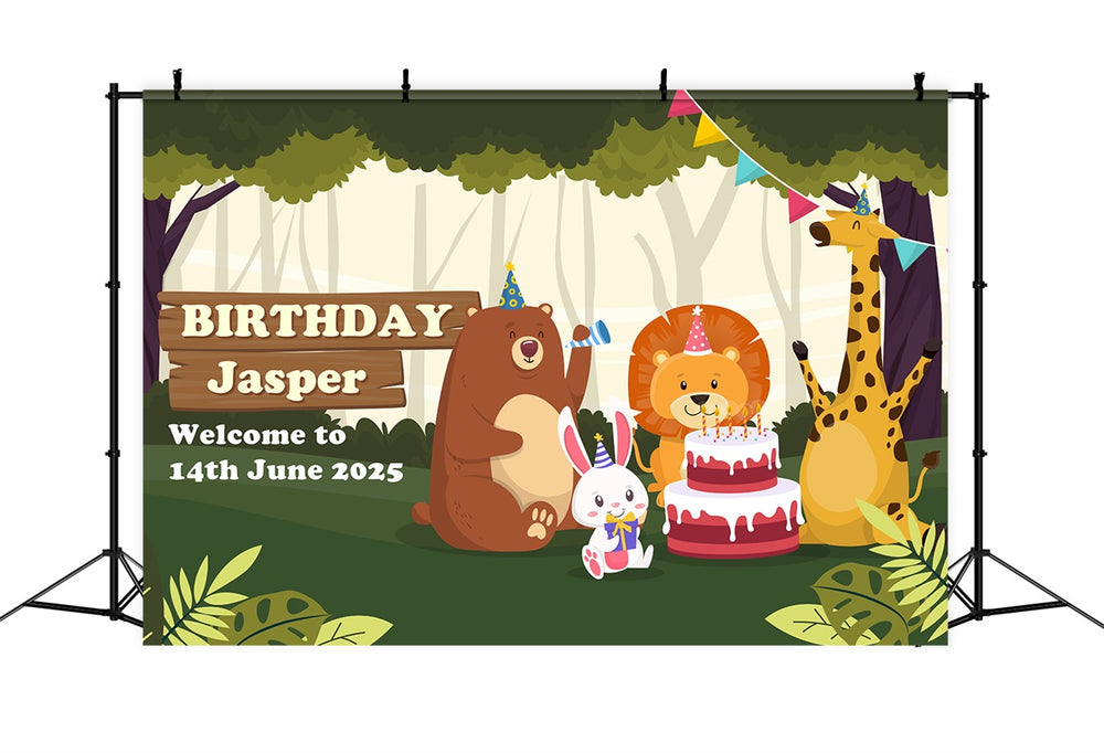 Dark Green Little Jungle Animals Round Birthday Backdrop