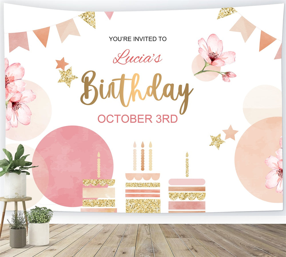 Custom Birthday Party Backdrop Golden Floral Celebration Backdrop BRP2