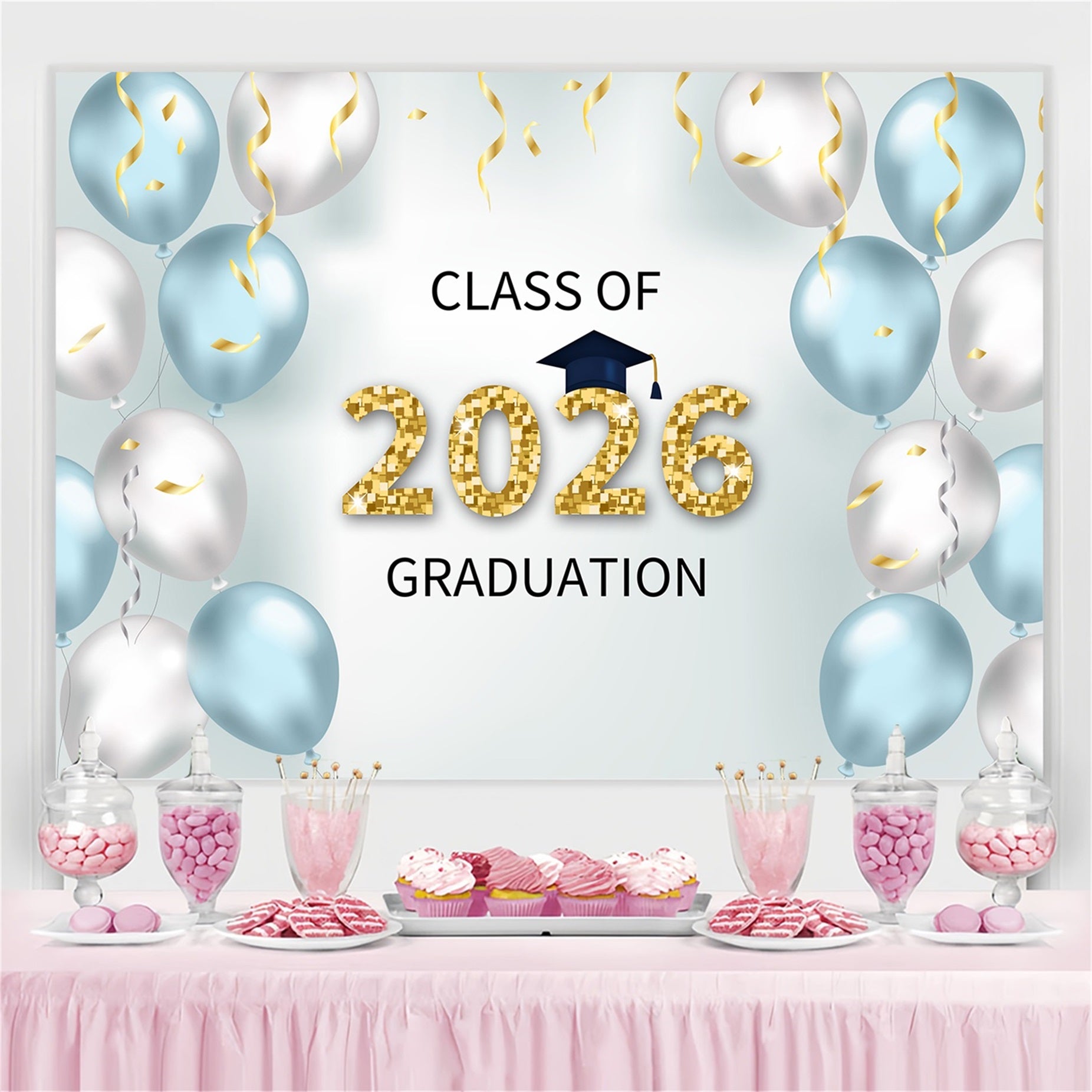 Graduation Backdrop Photoshoot Elegant Blue Silver Graduation Party Backdrop BRP2-253