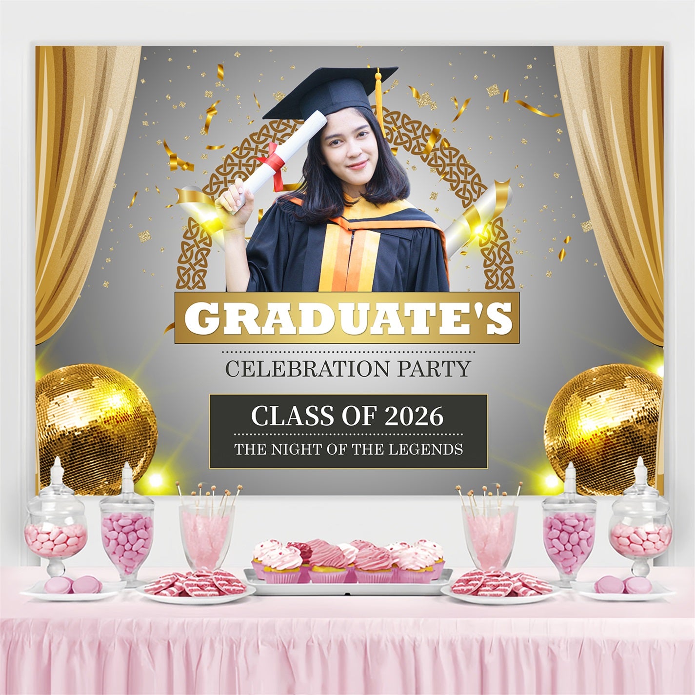Custom Graduation Backdrop 2026 Festive Golden Graduation Party Backdrop BRP2-286