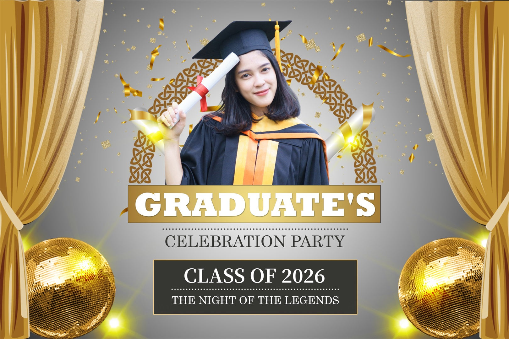 Custom Graduation Backdrop 2026 Festive Golden Graduation Party Backdrop BRP2-286