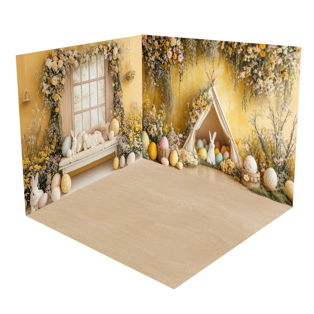 Back Drop Room Soft Yellow Floral Bunny Cottage Backdrop Room Set BRP2-32
