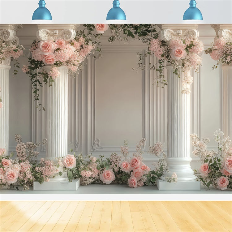 Flower Photo Backdrop Elegant White Column Floral Backdrop BRP2-77