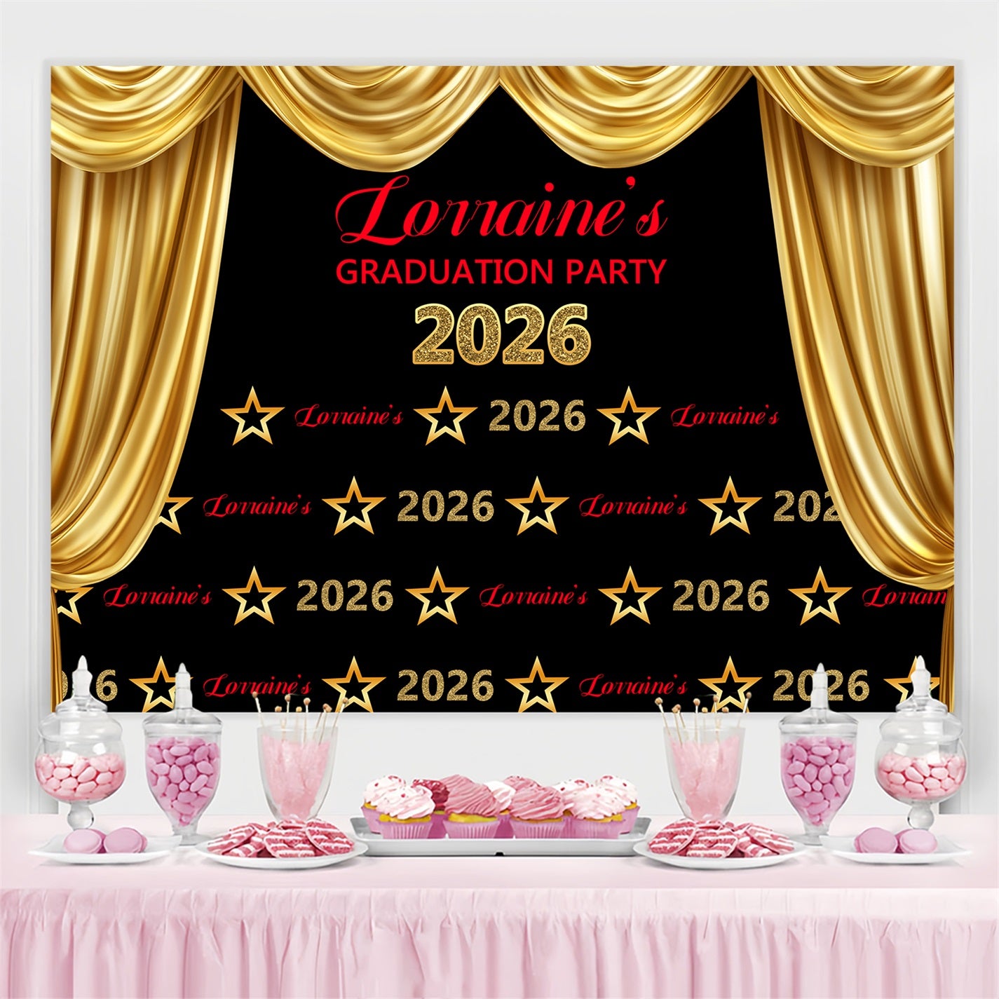 Personalized Graduation Backdrops Luxury Themed Golden Curtain Backdrop BRP3-1
