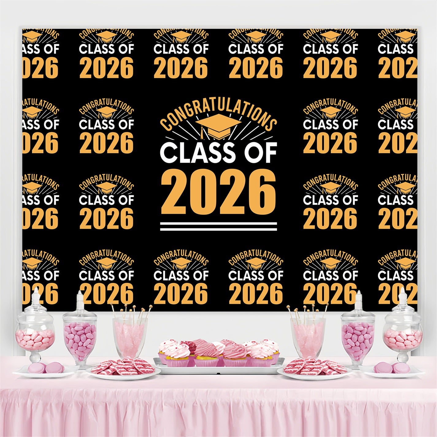 Custom Graduation Backdrops Gold Grad Cap 2026 Graduation Party Backdrop BRP3-14