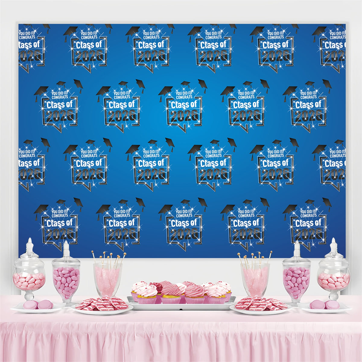Custom Graduation Backdrop Dazzling Cap Blue Graduation Party Backdrop