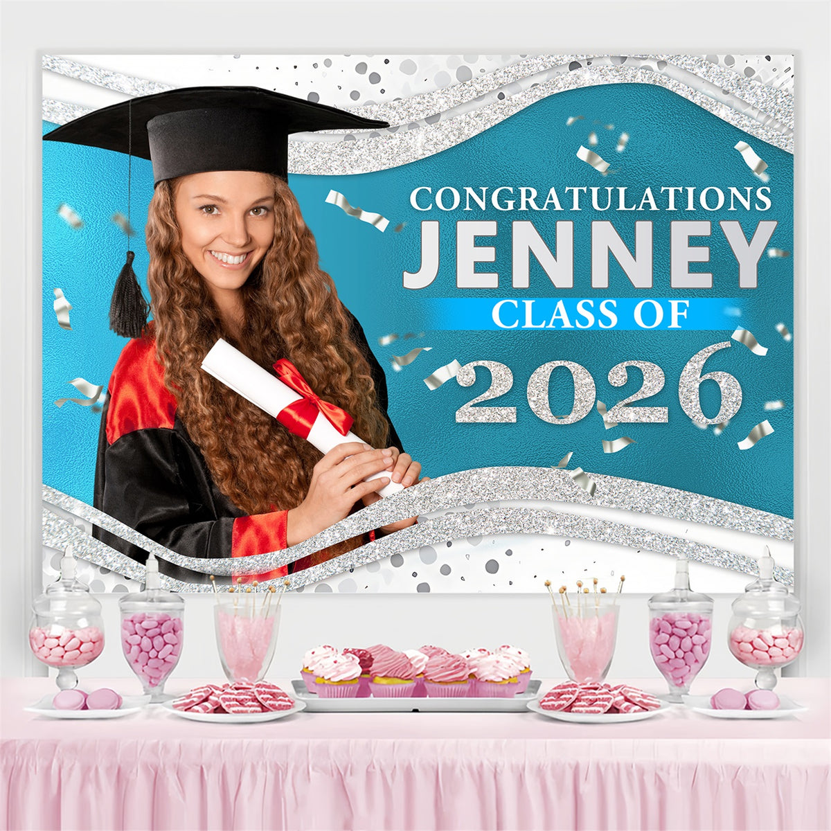 Graduation Backdrop Blue Silver Glitter Custom Party Graduation Backdr