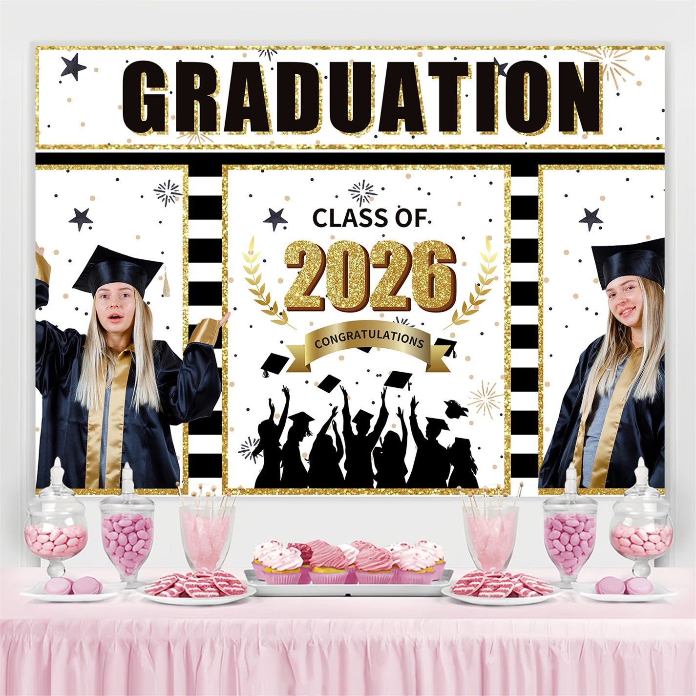 Graduation Photo Backdrop Black Gold Stripe Personalized Party Graduation Backdrop BRP3-228