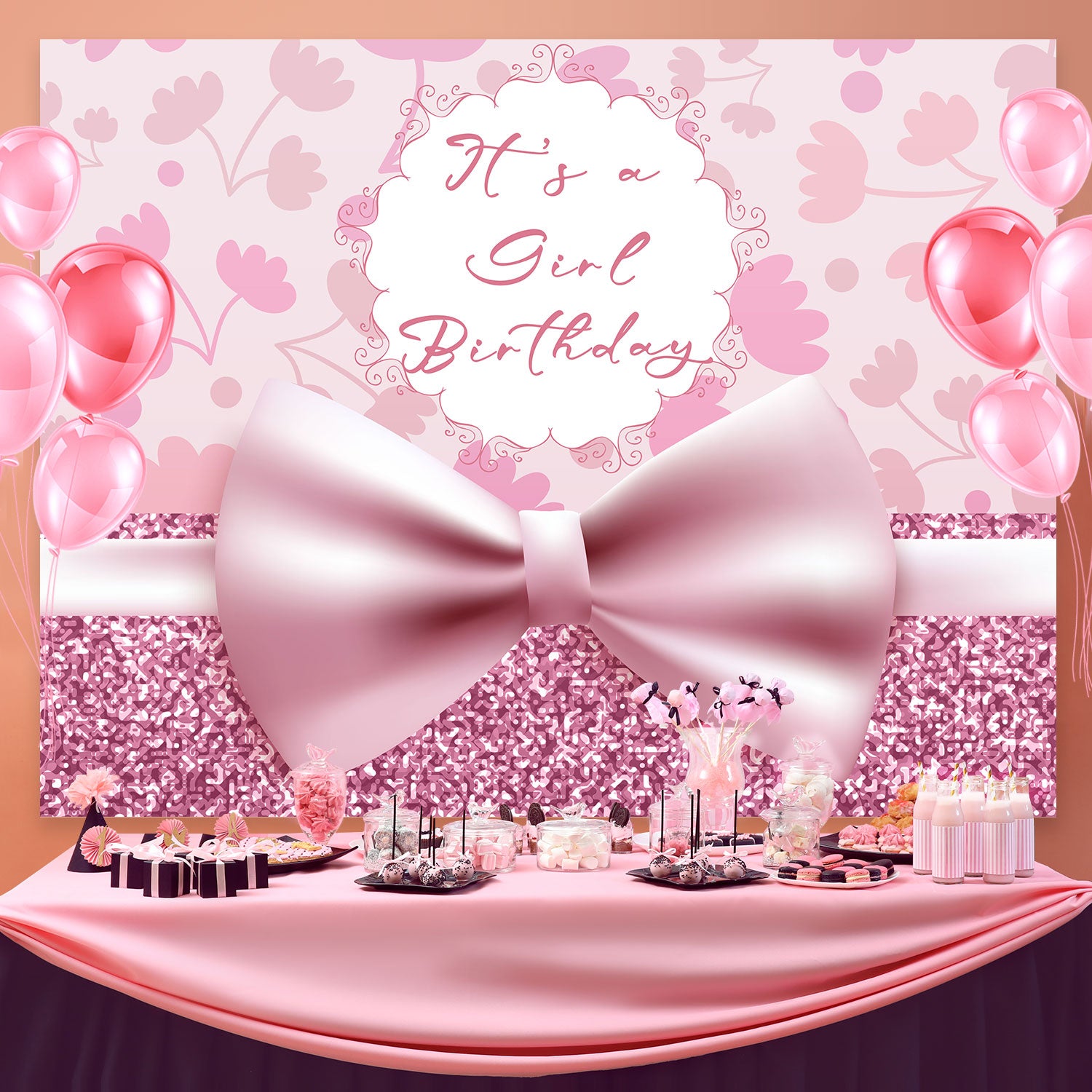 Personalized Birthday Photo Backdrop Romantic Pink Bow Backdrop BRP3-56