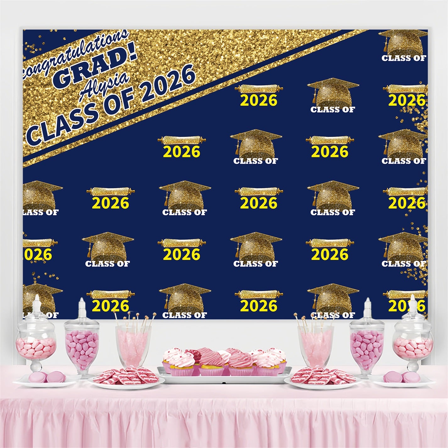 Custom Graduation Backdrop Navy Blue Sparkling Graduation Party Backdrop BRP3-6