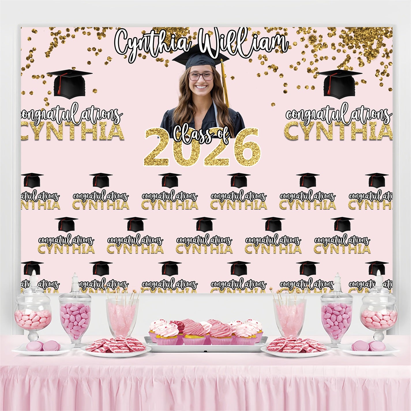 Personalized Graduation Backdrops Chic Pink Graduation Party Backdrop BRP3-7