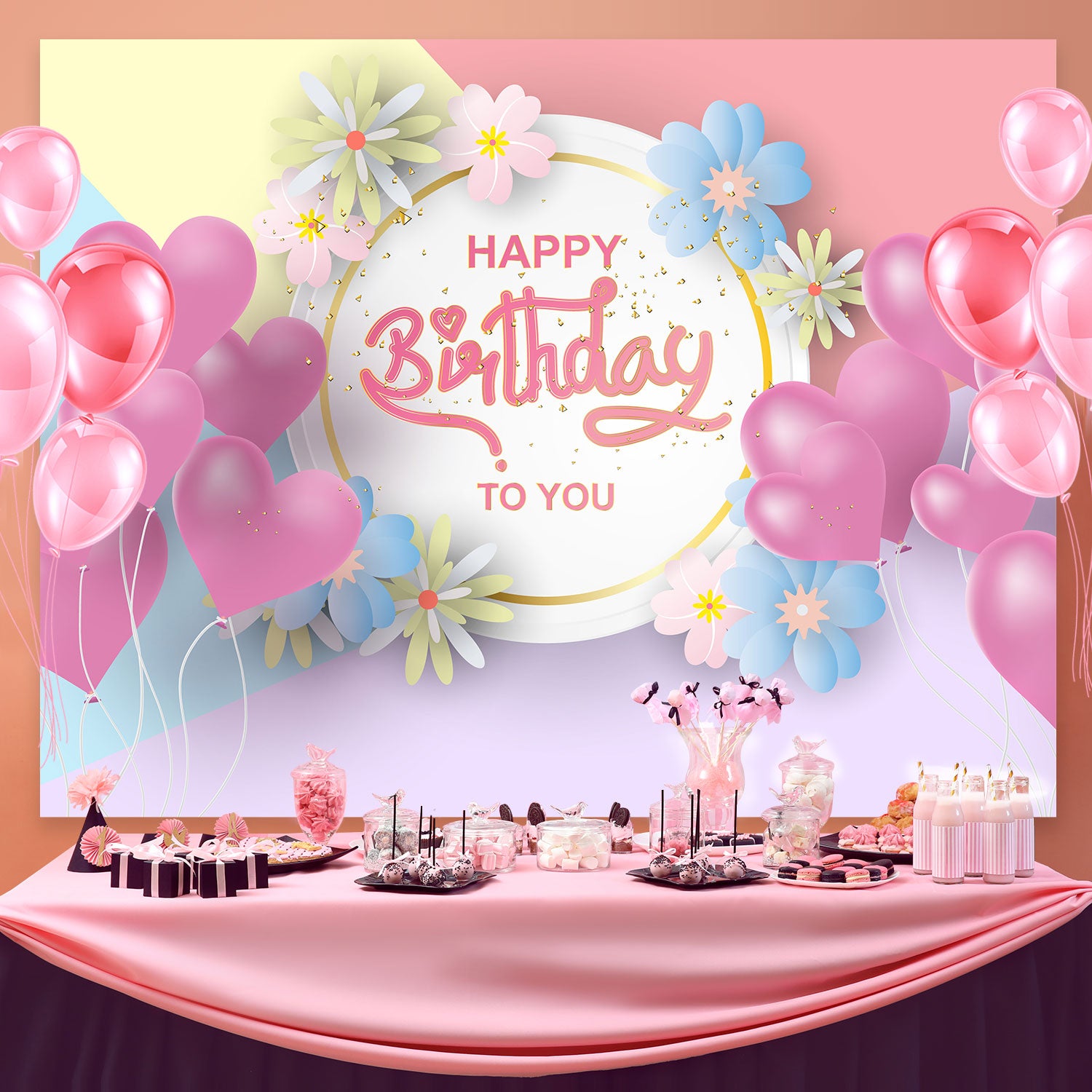 Customize Backdrop For Birthday Romantic Floral Balloon Backdrop BRP3-73