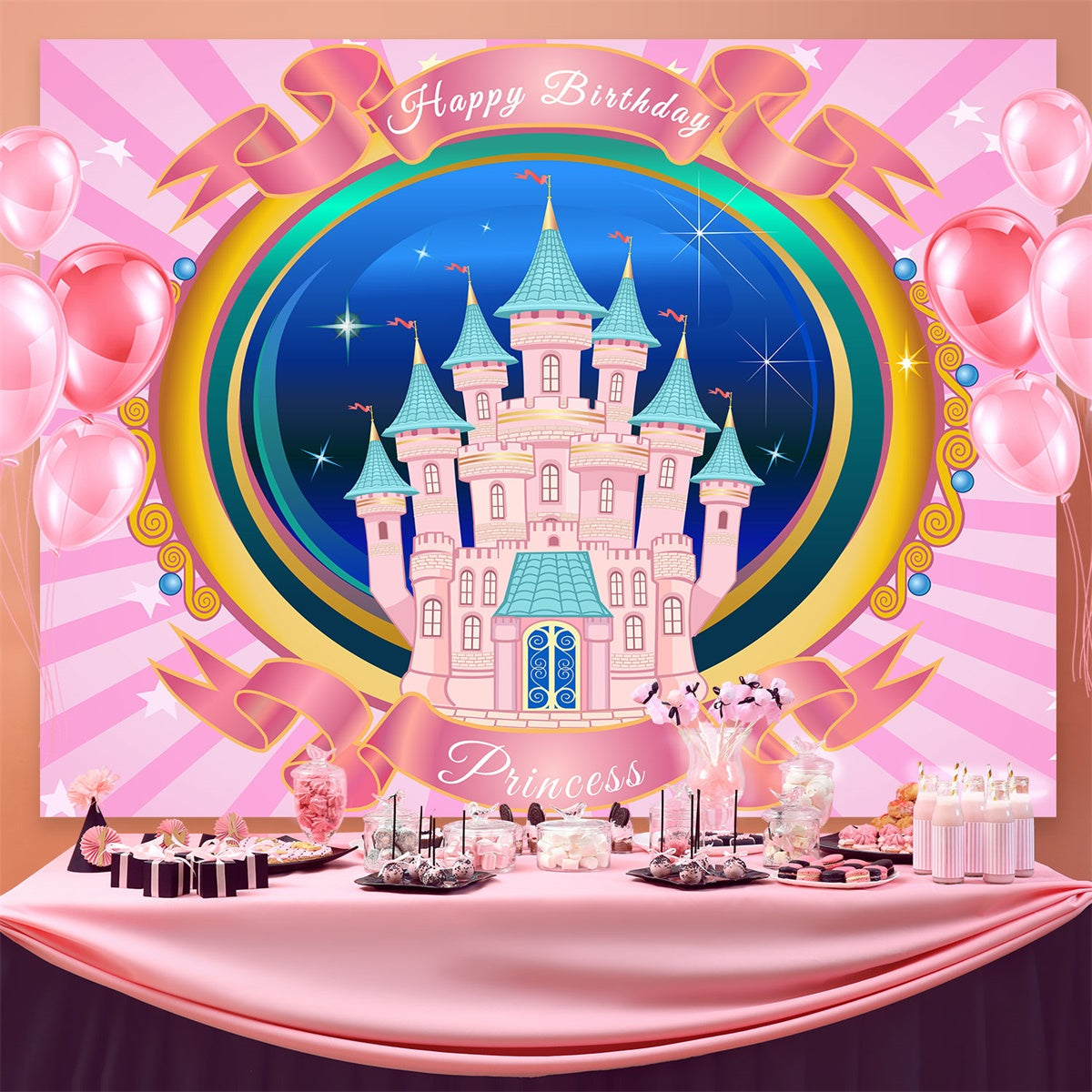 Birthday Backdrop Personalized Magical Pink Castle Backdrop BRP3-82