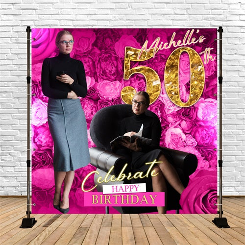 50th Birthday Photo Backdrop Graceful Pink Floral Custom Backdrop BRP5-101
