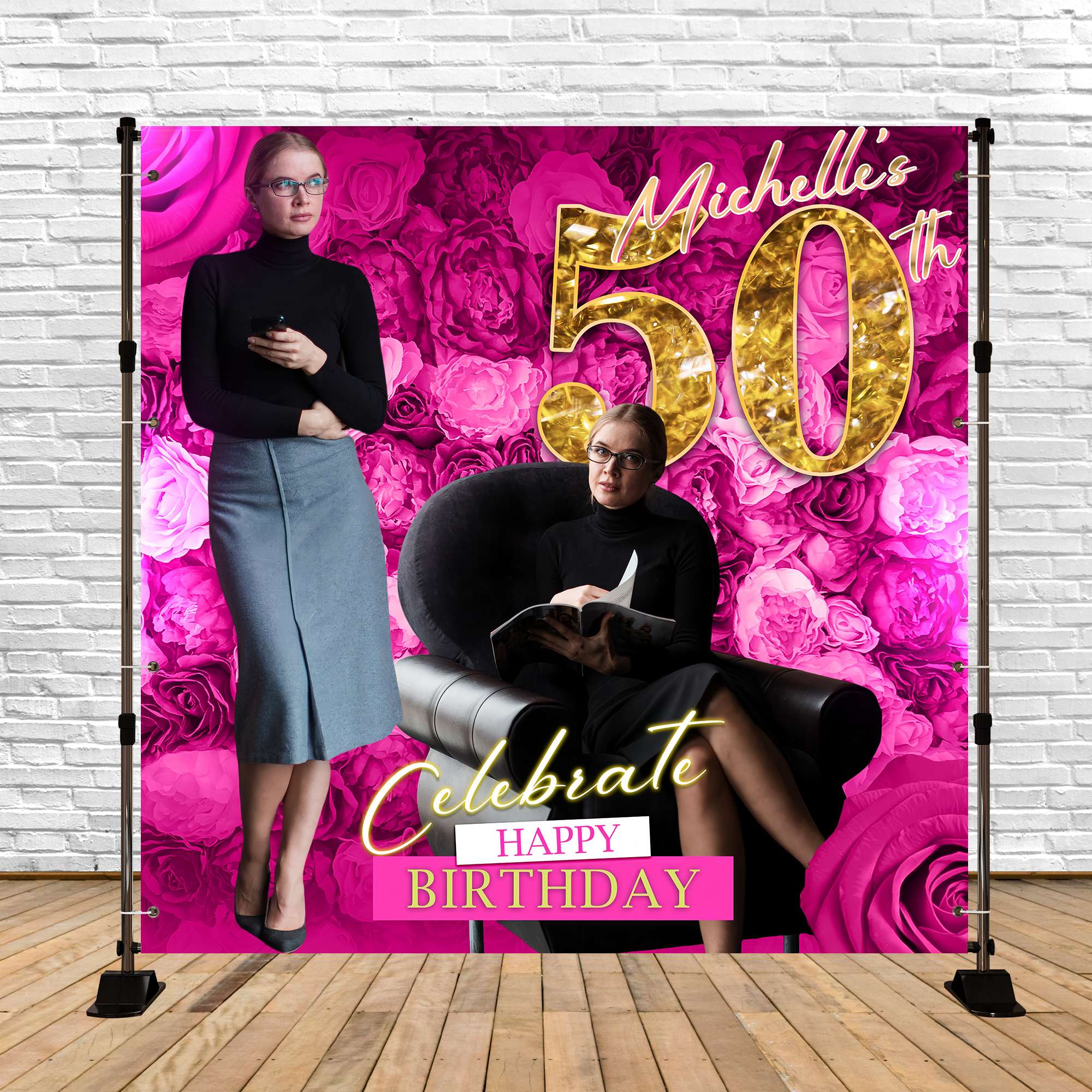 50th Birthday Photo Backdrop Graceful Pink Floral Custom Backdrop BRP5-101