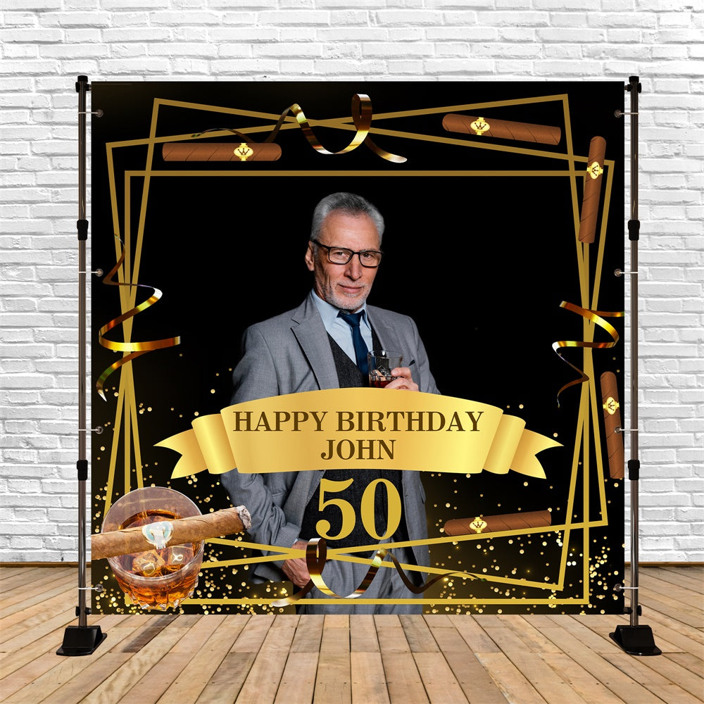 50th Birthday Photo Backdrop Whiskey Cigar Gold Custom Backdrop BRP5-107
