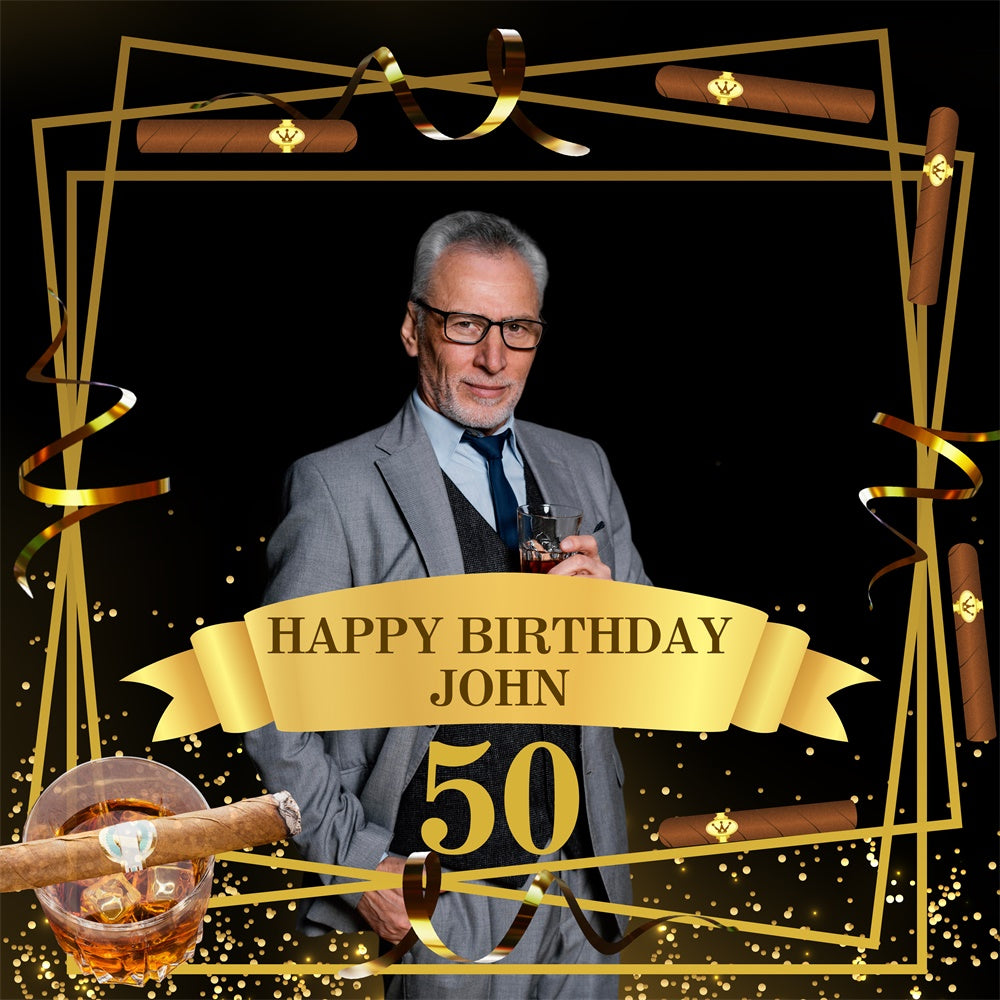 50th Birthday Photo Backdrop Whiskey Cigar Gold Custom Backdrop BRP5-107