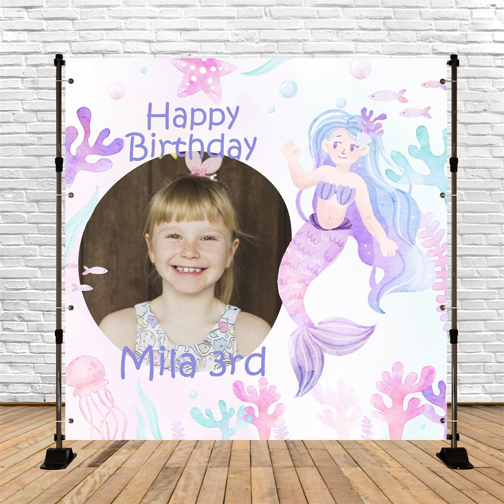 Personalized Birthday Backdrop Watercolor Mermaid 3rd Backdrop BRP5-130