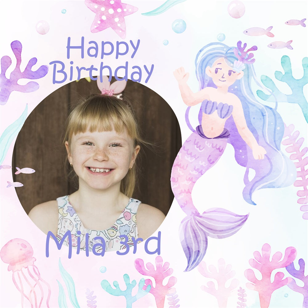 Personalized Birthday Backdrop Watercolor Mermaid 3rd Backdrop BRP5-130