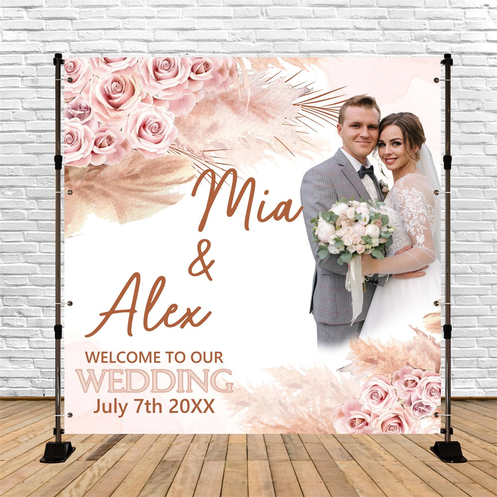 Boho Wedding Backdrop Blush Rose Palm Leaf Customized Backdrop BRP5-187