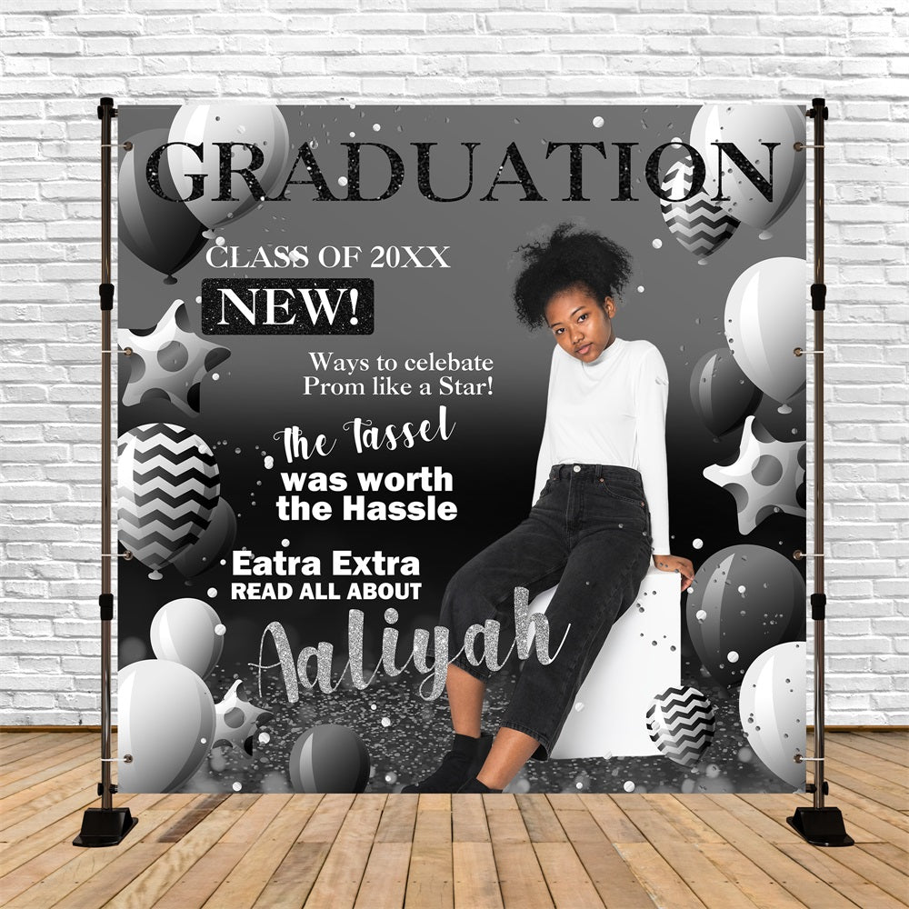 Graduation Backdrop Black White Balloon Personalised Party Graduation Backdrop BRP5-206