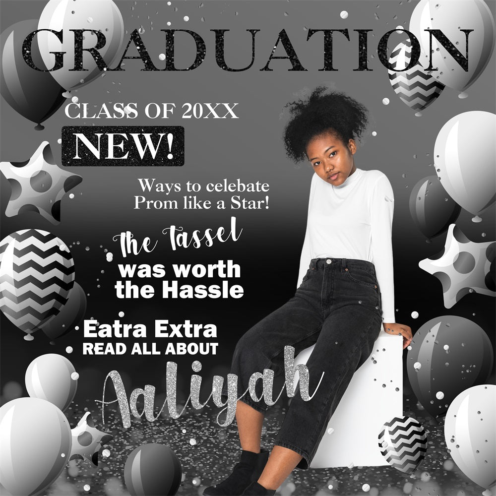 Graduation Backdrop Black White Balloon Personalised Party Graduation Backdrop BRP5-206