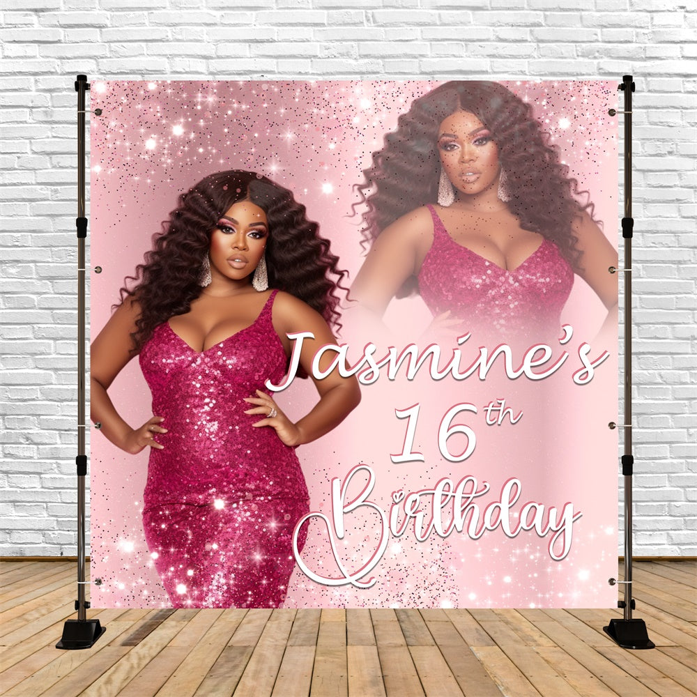 Customized Backdrop For Birthday Pink Sparkle Sweet 16 Backdrop BRP5-88