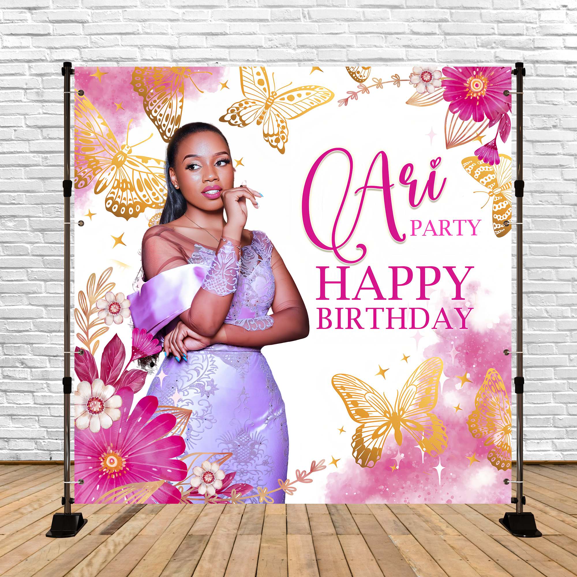 Customized Birthday Backdrop Butterflies Delicate Blooms Backdrop BRP5-92
