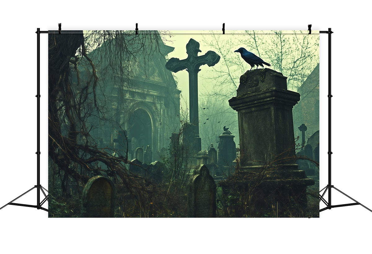 Halloween Graveyard Backdrop Abandoned Graves Church Backdrop BRP57-103