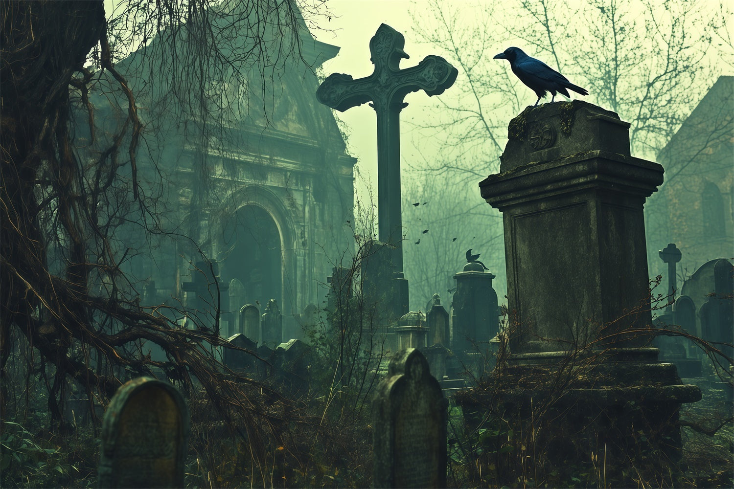 Halloween Graveyard Backdrop Abandoned Graves Church Backdrop BRP57-103