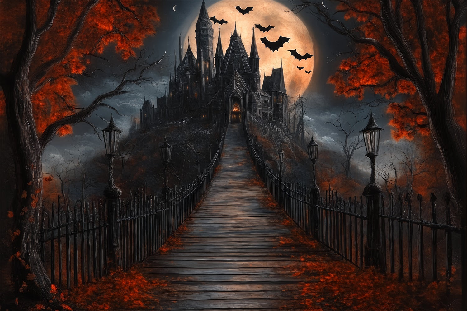 Halloween Moon Backdrop Moonlit Path Haunted Castle Backdrop BRP57-106