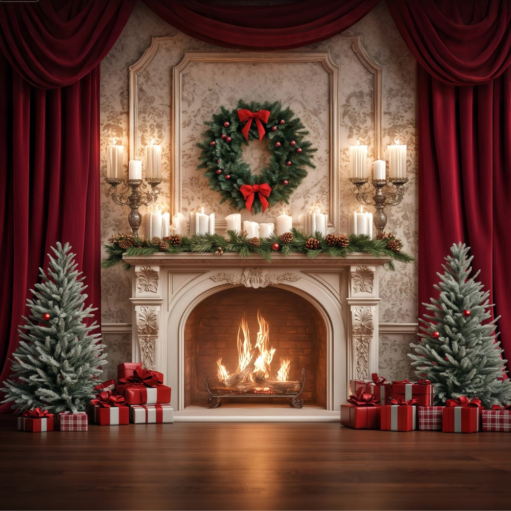 Christmas Fireplace Backdrop Pine Candle Celebration Backdrop BRP57-129