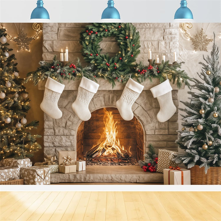 Professional Christmas Backdrops Cozy Hearth Stockings Backdrop BRP57-133