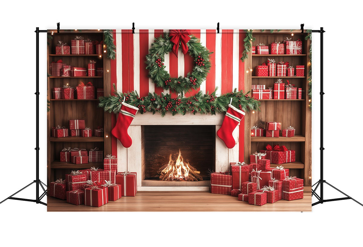 Christmas Fireplace Backdrop Candy Cane Gift Wall Backdrop BRP57-136