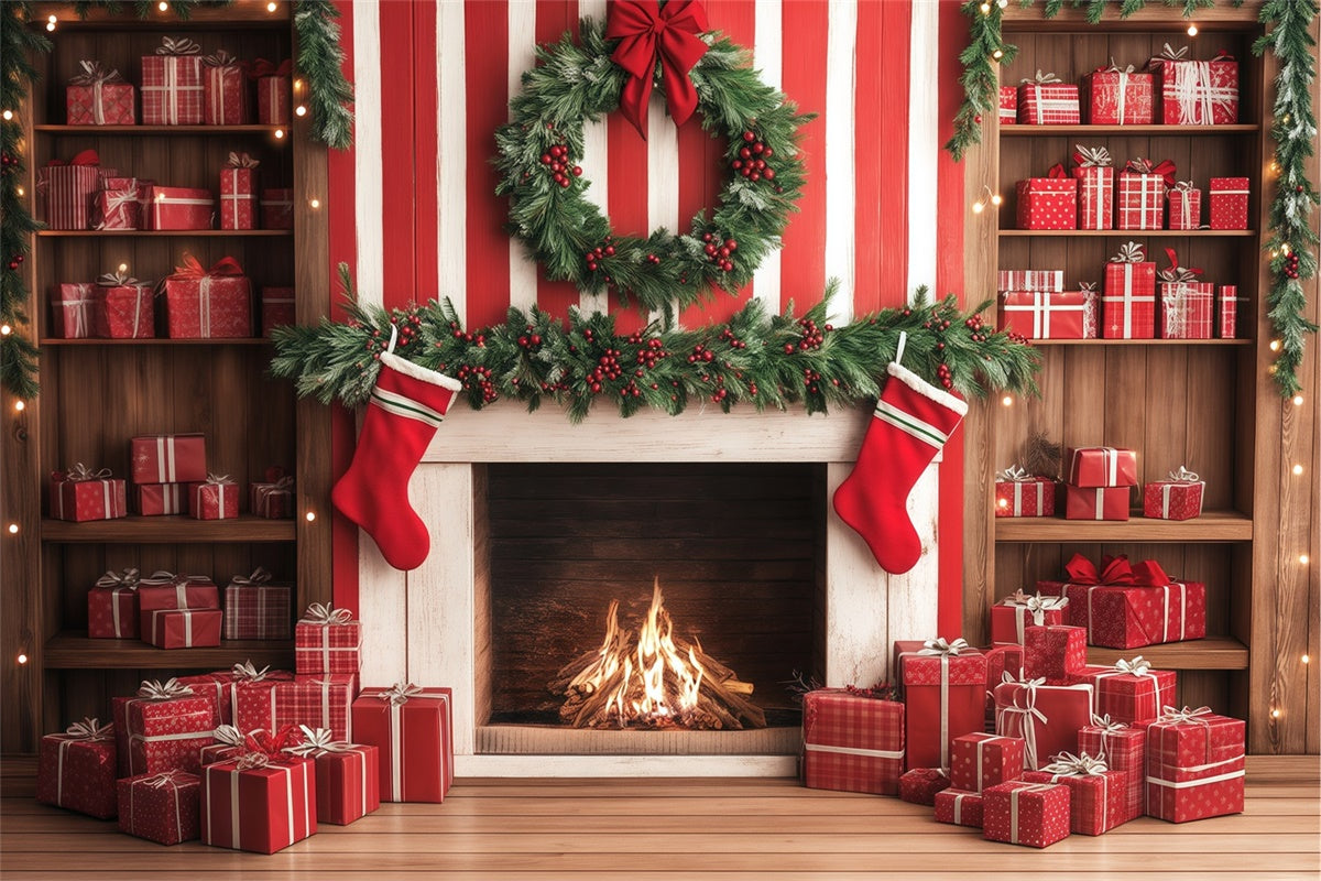 Christmas Fireplace Backdrop Candy Cane Gift Wall Backdrop BRP57-136