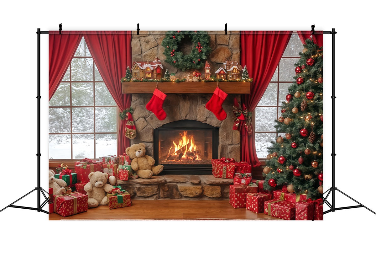 Christmas Fireplace Backdrop Fireside Teddy Dreams Backdrop BRP57-138