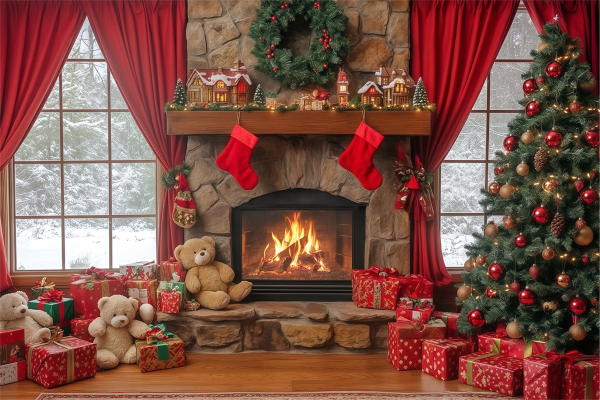 Christmas Fireplace Backdrop Fireside Teddy Dreams Backdrop BRP57-138